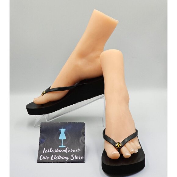 Tory Burch Women's Black Wedge Flip Flops Rubber Logo Sandals Size 9 2638 - Picture 1 of 16